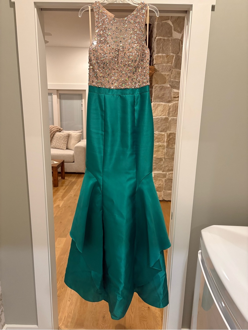 Xscape Teal Mermaid Gown with Beaded Champagne Bodice